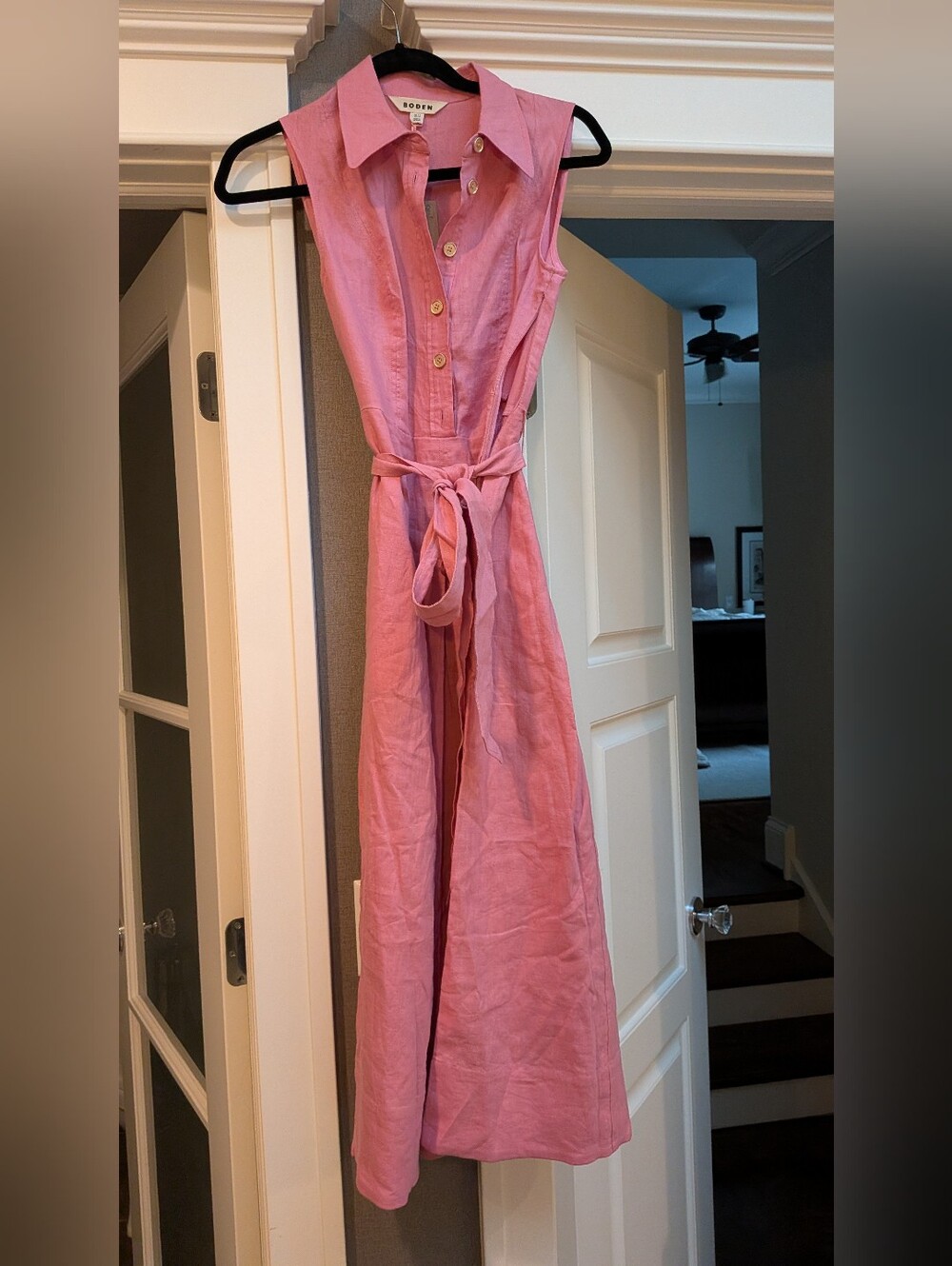 Boden Belinda Sleeveless Pink Button-Front Linen Blend Dress with Waist Tie